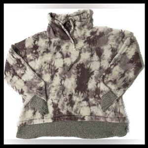 Cozy Comfy Cowl Neck Tie-Dye Fleece Top w/ Drawstring. Purple & lavender